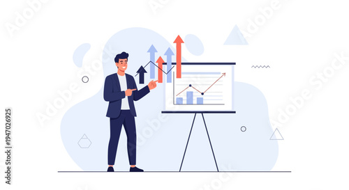 Businessman presenting financial growth chart with upward arrows on whiteboard
