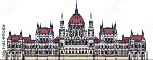 Ornate Neo-Gothic Parliament building facade with dome and spires, rendered in stylized illustration