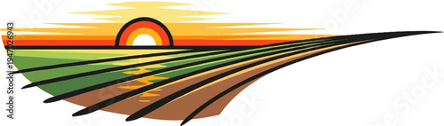 Stylized sunset over cultivated fields, with abstract sun arching over horizon and colorful sky