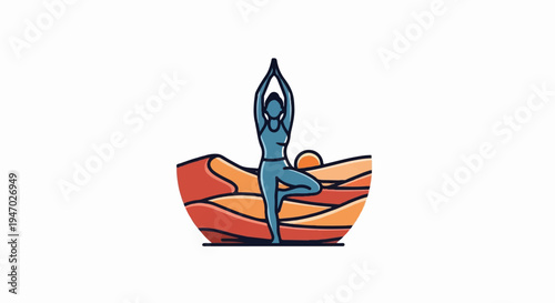 Stylized figure performing tree pose in a desert landscape at sunset