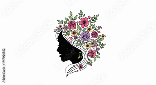 Silhouette of a woman's profile adorned with colorful flowers and leaves in her hair