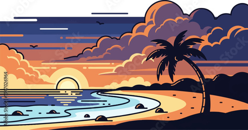 Stylized sunset over the ocean with a silhouetted palm tree on a sandy beach