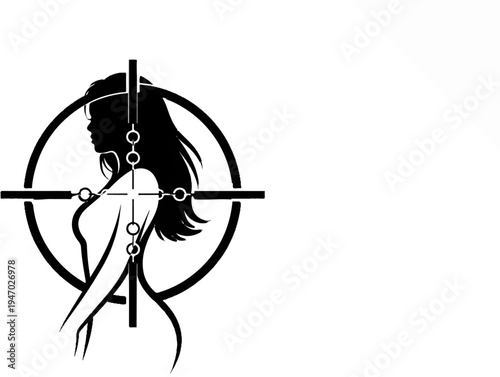 Silhouette of a woman's profile within a sniper scope crosshair