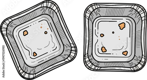 Two square foil food containers, one tilted, showing remnants of food