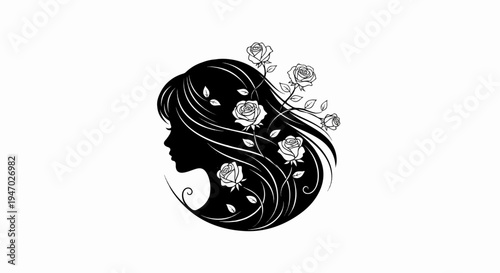 Silhouette of a woman's profile with roses and flowing hair