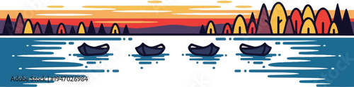 Stylized sunset over lake with four canoes