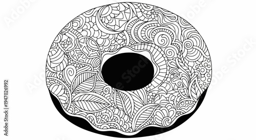 Intricately patterned doughnut coloring page with bold black center and outer edge