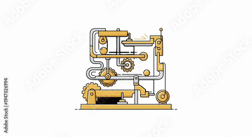 Intricate, yellow and silver mechanical device with gears and spheres, against a white background