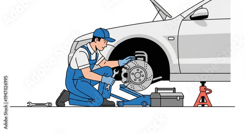 Mechanic changing car tire outdoors.