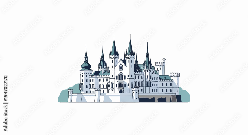 Obraz premium Ornate white palace with multiple spires, turrets, and arched windows, set against a plain background