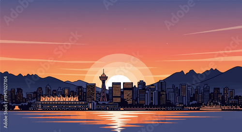 Pixelated city skyline with mountains and water at sunset