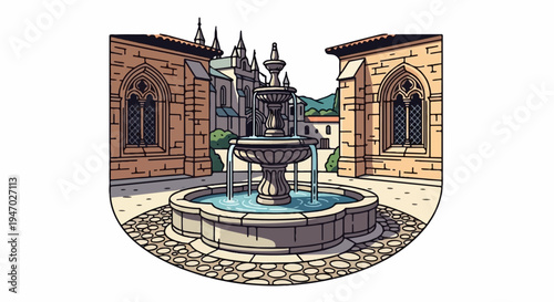 Ornate stone fountain flows in a cobbled courtyard, flanked by old stone buildings with arched windows