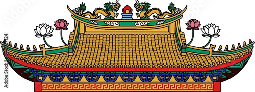 Ornate traditional roof with dragons, lotus flowers, and intricate patterns