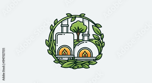 Two white ovens with flames, nestled in green leaves and a tree