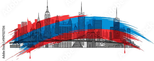 Stylized urban skyline with iconic bridge, splashed with bold red and blue paint strokes