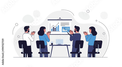 Business meeting success, team applauding presentation with charts and laptop