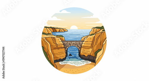 Coastal cliffs meet ocean with a stone bridge arching over a cove at sunset