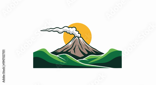 Stylized volcanic mountain with smoke plume, sun, and rolling hills