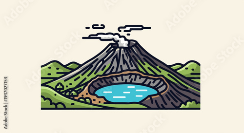 Stylized volcano with a crater lake and surrounding green hills spewing smoke