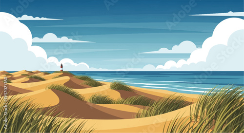 Coastal dunes and ocean with a distant lighthouse under a cloudy blue sky