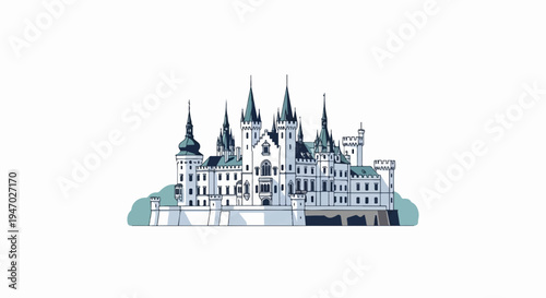 Ornate white palace with multiple spires, turrets, and arched windows, set against a plain background