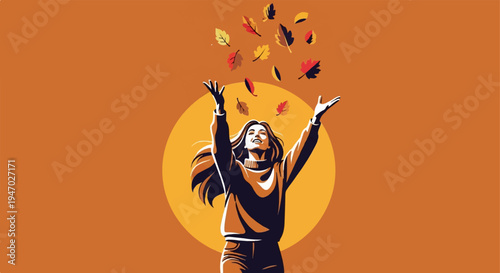 Joyful woman tossing autumn leaves against a warm orange backdrop with a sun-like circle