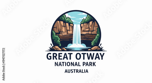 Stylized waterfall within a circle, flanked by cliffs and greenery, above text