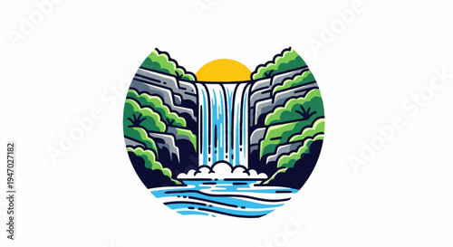 Stylized waterfall cascading between rocky cliffs under a bright yellow sun