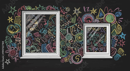 Two windows on a black wall adorned with colorful chalk drawings of abstract shapes and figures