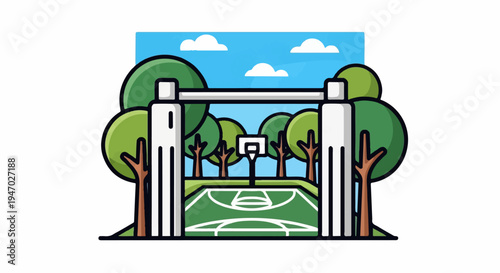 Outdoor basketball court with trees and sky