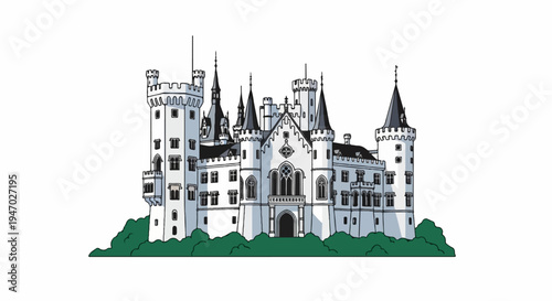 Ornate white castle with multiple turrets and spires, surrounded by green foliage