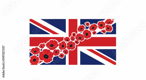 Union Jack flag with scattered red poppies along its diagonal