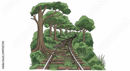 Overgrown train tracks wind through a lush, green forest, suggesting nature's reclamation