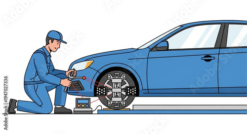 Mechanic changing car tire outdoors.