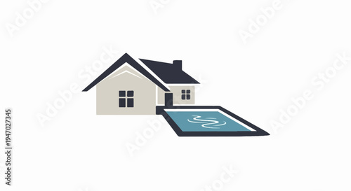 Stylized house with a rectangular swimming pool featuring wavy water lines