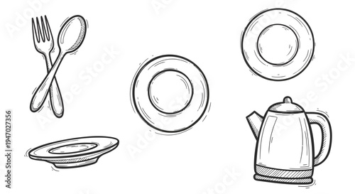 Table setting with utensils, plates, and teapot on a clean surface