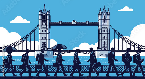 Silhouettes of business people walk across a bridge with a landmark tower