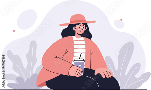 Stylized woman wearing hat and glasses, holding a beverage, with abstract plant motifs