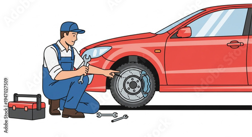 Mechanic changing car tire outdoors.
