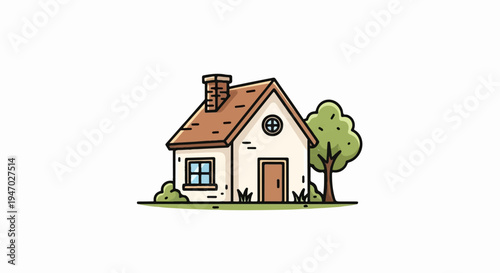 Simple house with a tree and grass, cartoon style