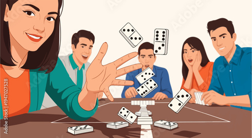 People enjoying a lively game of dominoes with excited expressions