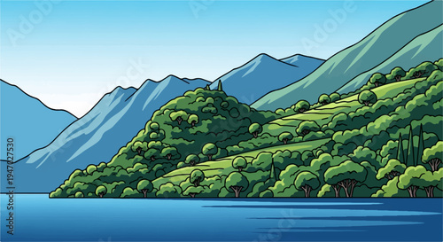 Verdant, tree-covered slopes meet a tranquil blue lake under majestic mountains and a clear sky