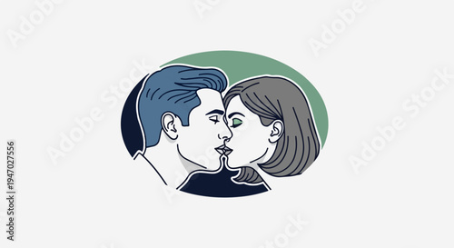 Stylized illustration of a couple in an intimate kiss, enclosed by a green oval