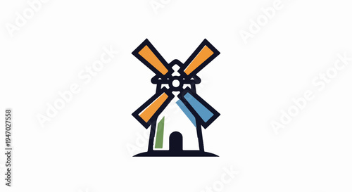 Stylized illustration of a colorful windmill with four blades and a white base