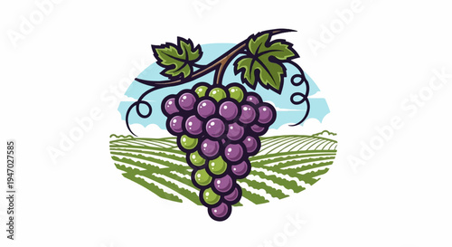 Vibrant bunch of purple and green grapes hangs from a vine above a stylized vineyard under a bright sky