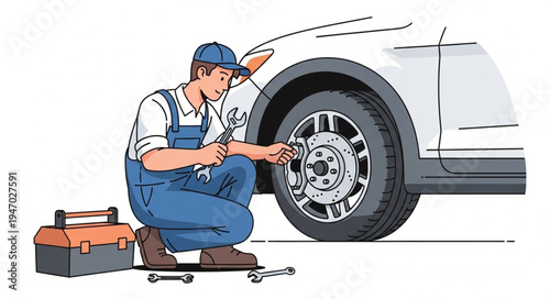 Mechanic changing car tire outdoors.