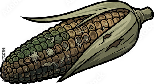 Stylized illustration of a decaying ear of corn with husks