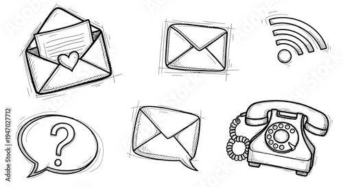 Communication icons including email and phone symbols are shown