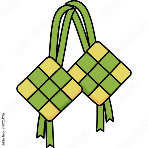 A traditional woven ketupat hangs from green straps on a white background