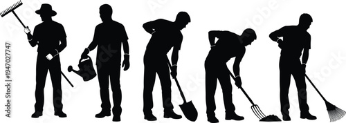 Gardener worker silhouettes set with rake shovel watering can gardening tools landscaping maintenance people working outdoor vector illustration collection